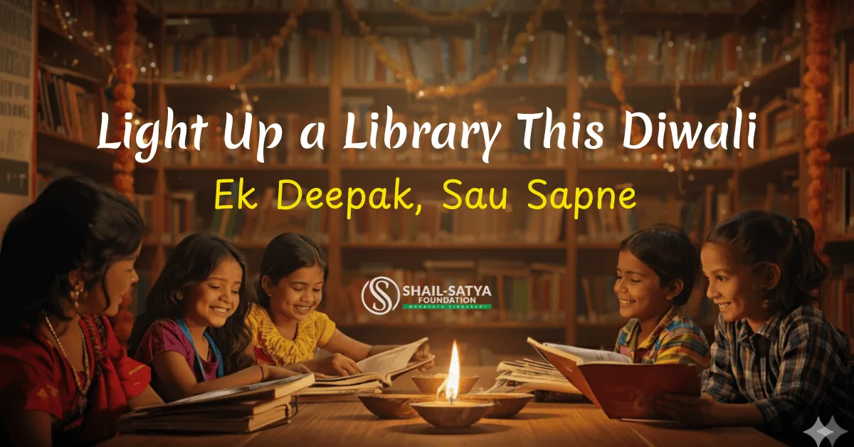 Children reading books in a warmly lit library decorated with diyas and lights during Diwali, part of Shail-Satya Foundation's Light Up a Library — Ek Deepak, Sau Sapne campaign.