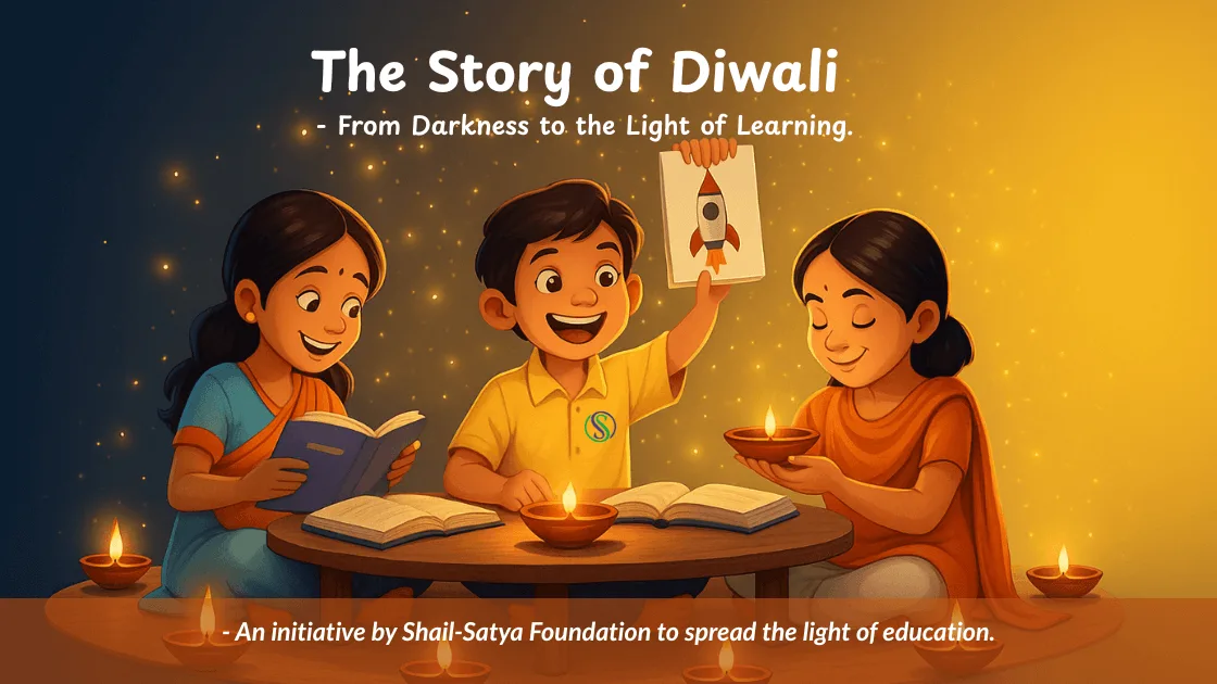 Young girl lighting a Diya symbolizing the Story of Diwali and the light of learning supported by Shail-Satya Foundation
