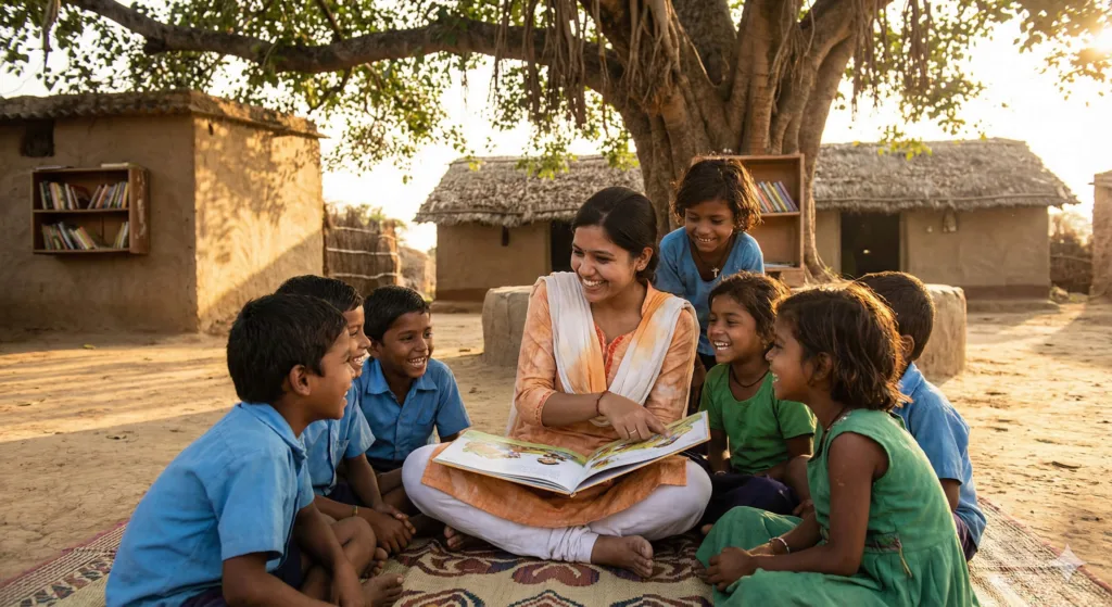 Youth volunteer teaching underprivileged children on National Youth Day 2026 in rural India